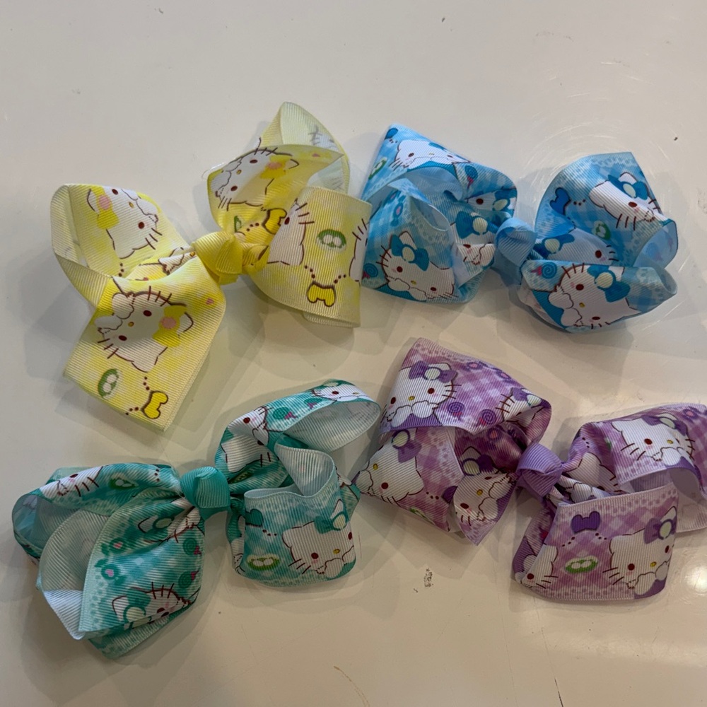 Hello Kitty Colorful Printed Kids Hair Bows - Yellow, Blue, Teal, Purple NWOT